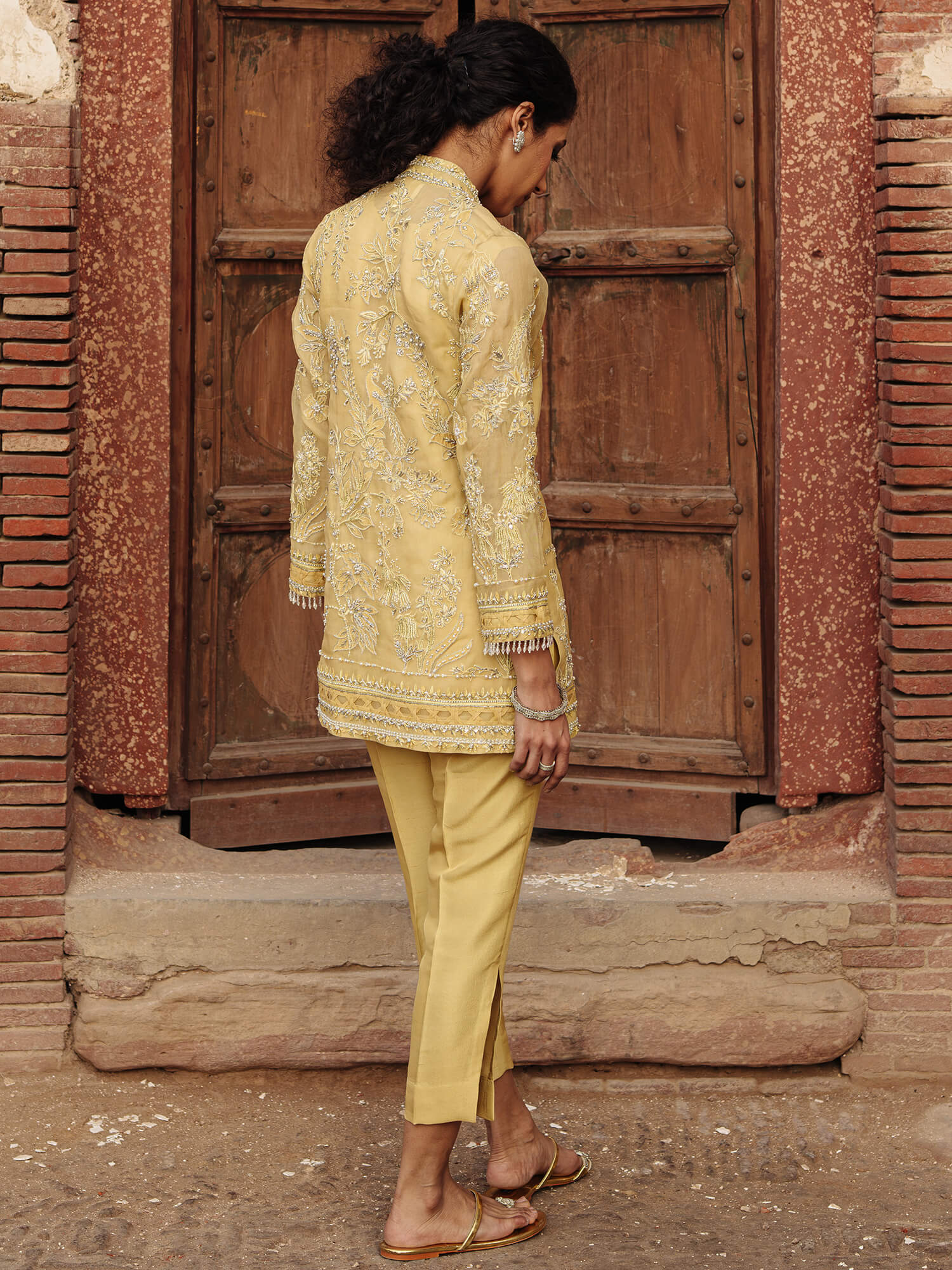 Pakistani Yellow Cream Embroidered Organza Coat Set (3-Piece) - Image 4