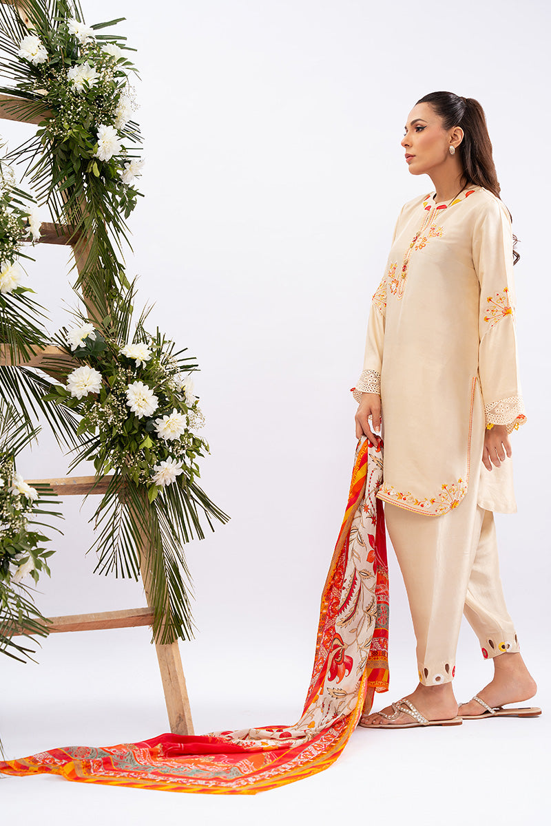 Pakistani Cream Floral Embroidered Pure Rawsilk Salwar Kameez (2-Piece) - Image 3