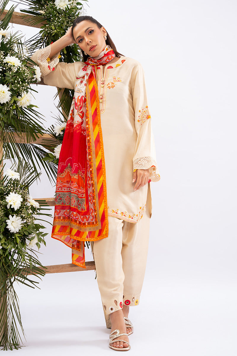 Pakistani Cream Floral Embroidered Pure Rawsilk Salwar Kameez (2-Piece) - Image 7