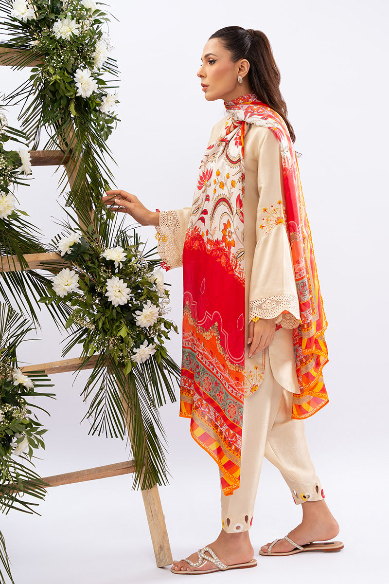 Pakistani Cream Floral Embroidered Pure Rawsilk Salwar Kameez (2-Piece) - Image 9