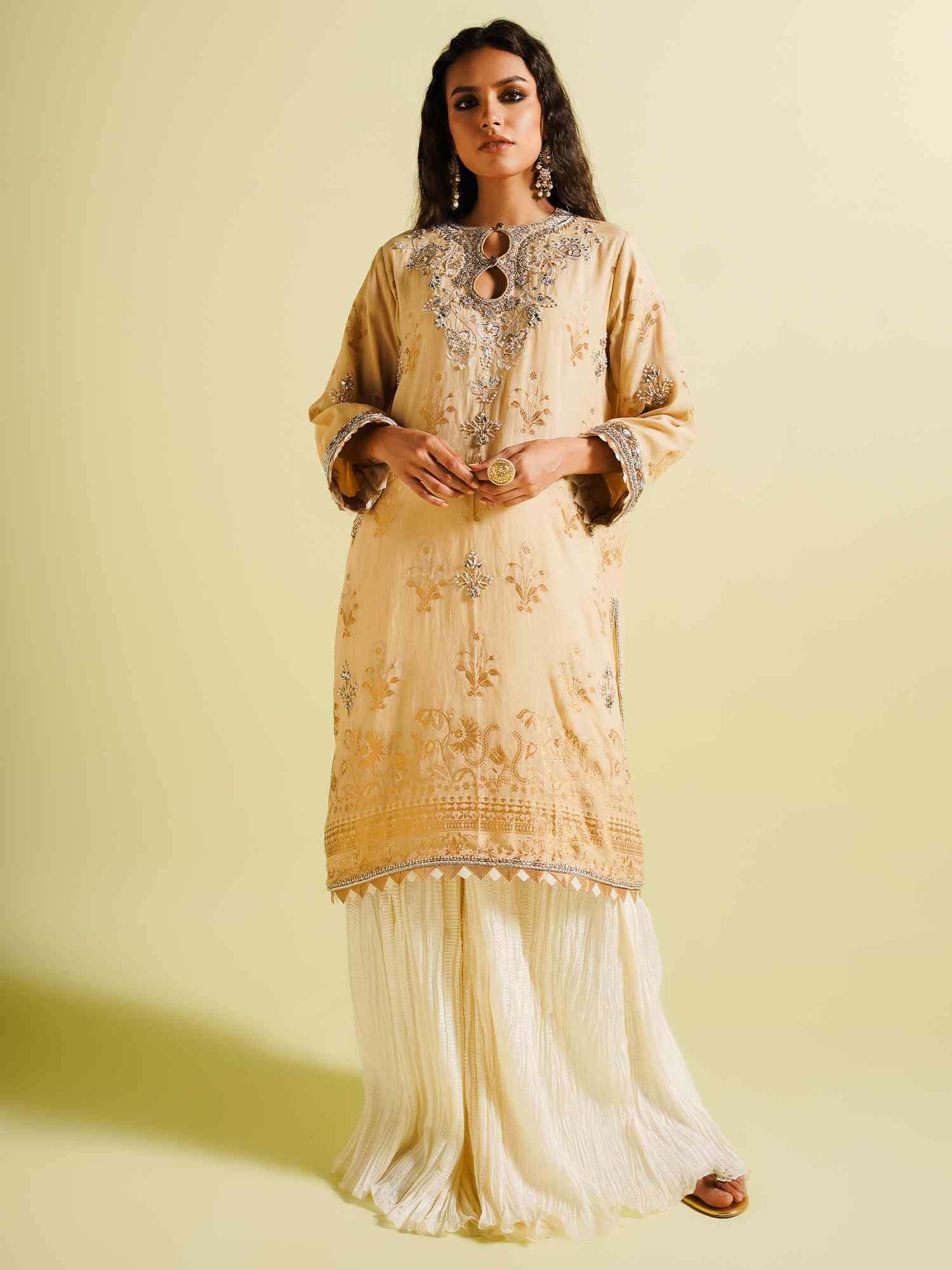Pakistani Cream Embellished Silk Kurta Set (2-Piece) - Image 1