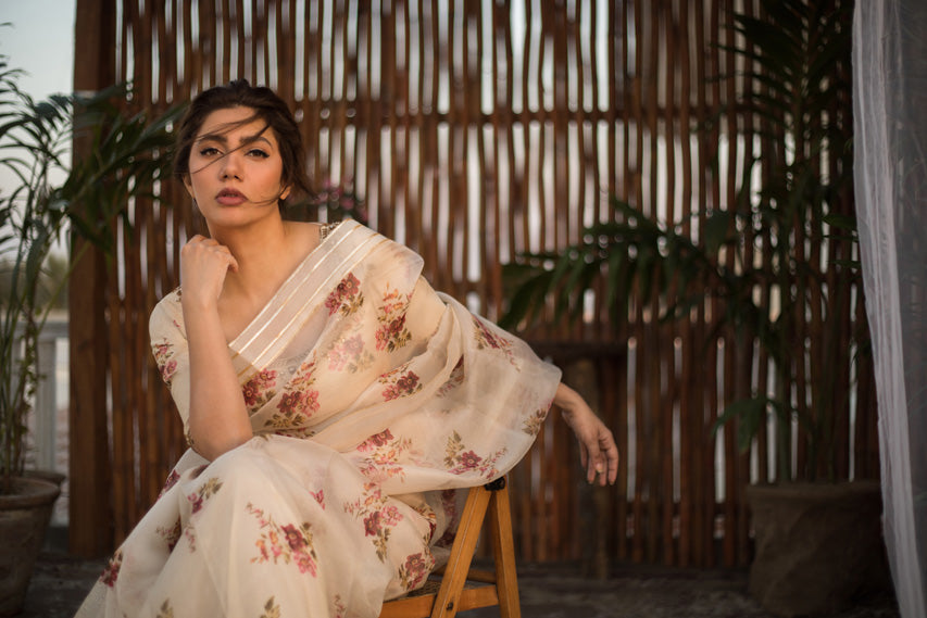 Cream Printed Organza Saree with Embellished Blouse (2-Piece) - Image 5