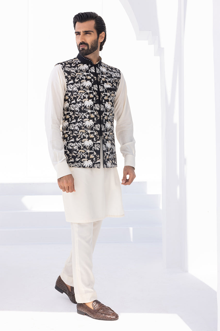 Cream Boski Kurta with Black Embroidered Waistcoat (3-Piece) - Image 1