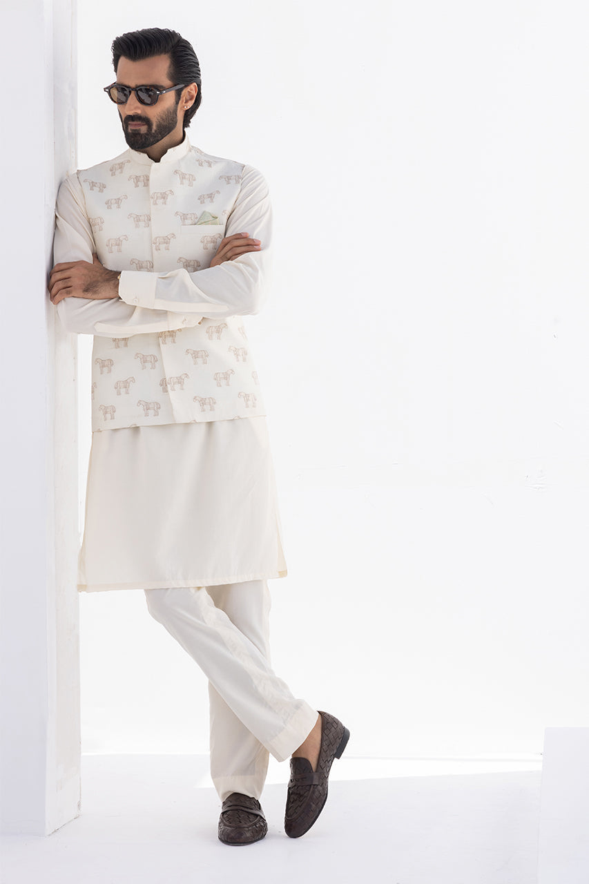 Cream Horse-Embroidered Boski Waistcoat Kurta (3-Piece) - Image 1