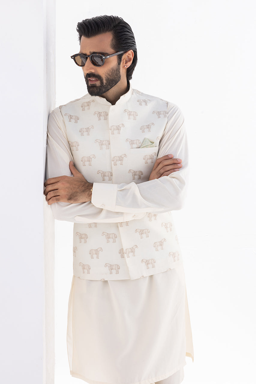 Cream Horse-Embroidered Boski Waistcoat Kurta (3-Piece) - Image 2