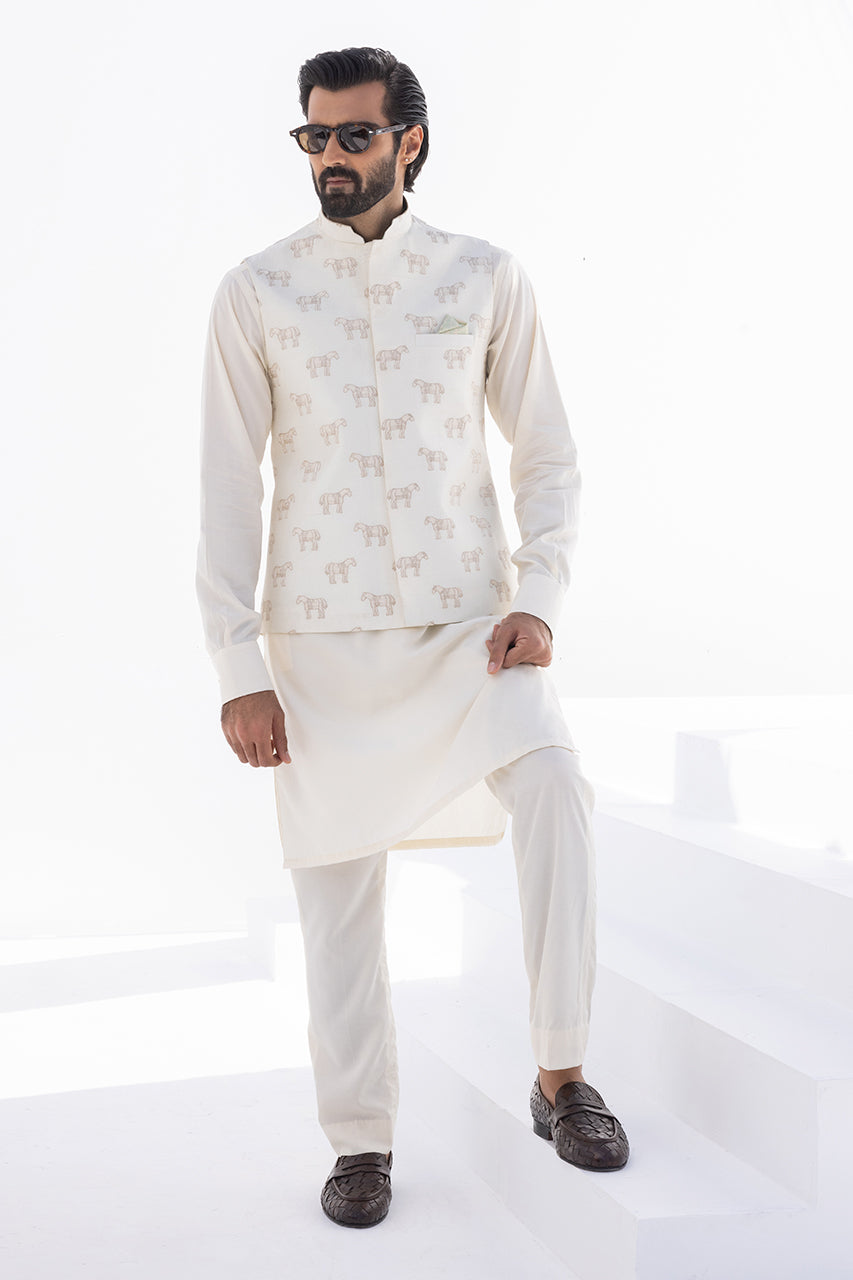 Cream Horse-Embroidered Boski Waistcoat Kurta (3-Piece) - Image 4