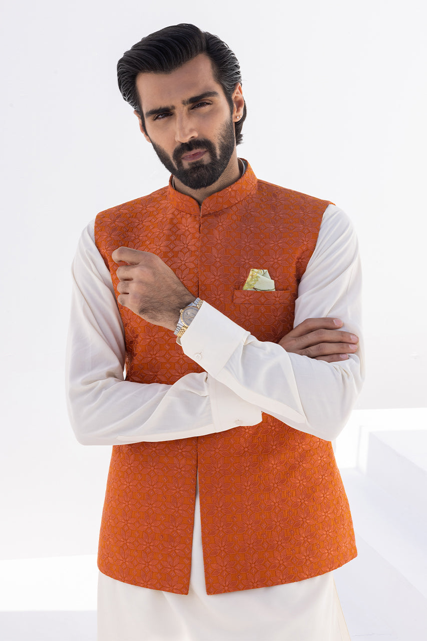 Cream Boski Kurta with Burnt Orange Embroidered Waistcoat (3-Piece) - Image 2