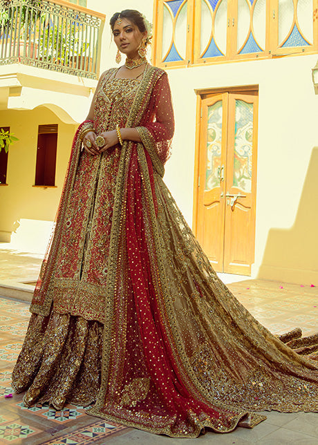 Ombre Gold and Crimson Embroidered Bridal Jacket Set (4-Piece) - Image 1