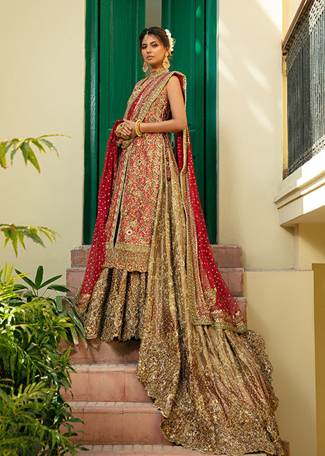 Ombre Gold and Crimson Embroidered Bridal Jacket Set (4-Piece) - Image 3