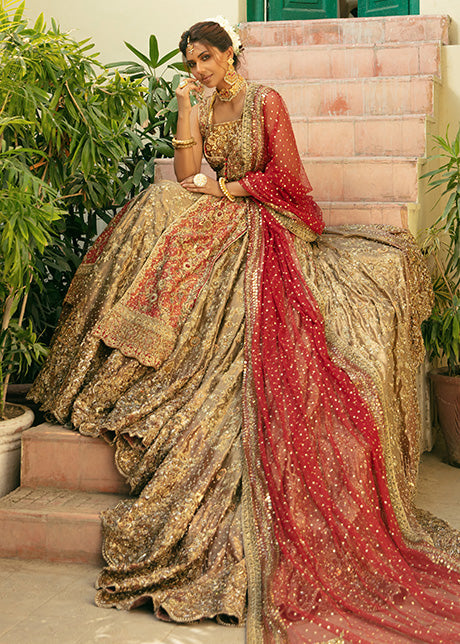 Ombre Gold and Crimson Embroidered Bridal Jacket Set (4-Piece) - Image 4