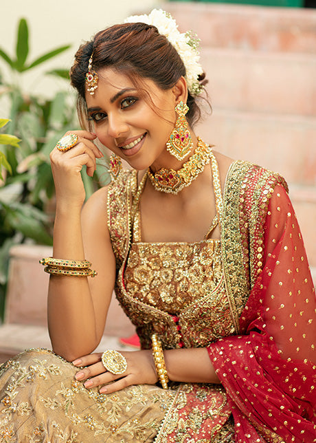 Ombre Gold and Crimson Embroidered Bridal Jacket Set (4-Piece) - Image 5