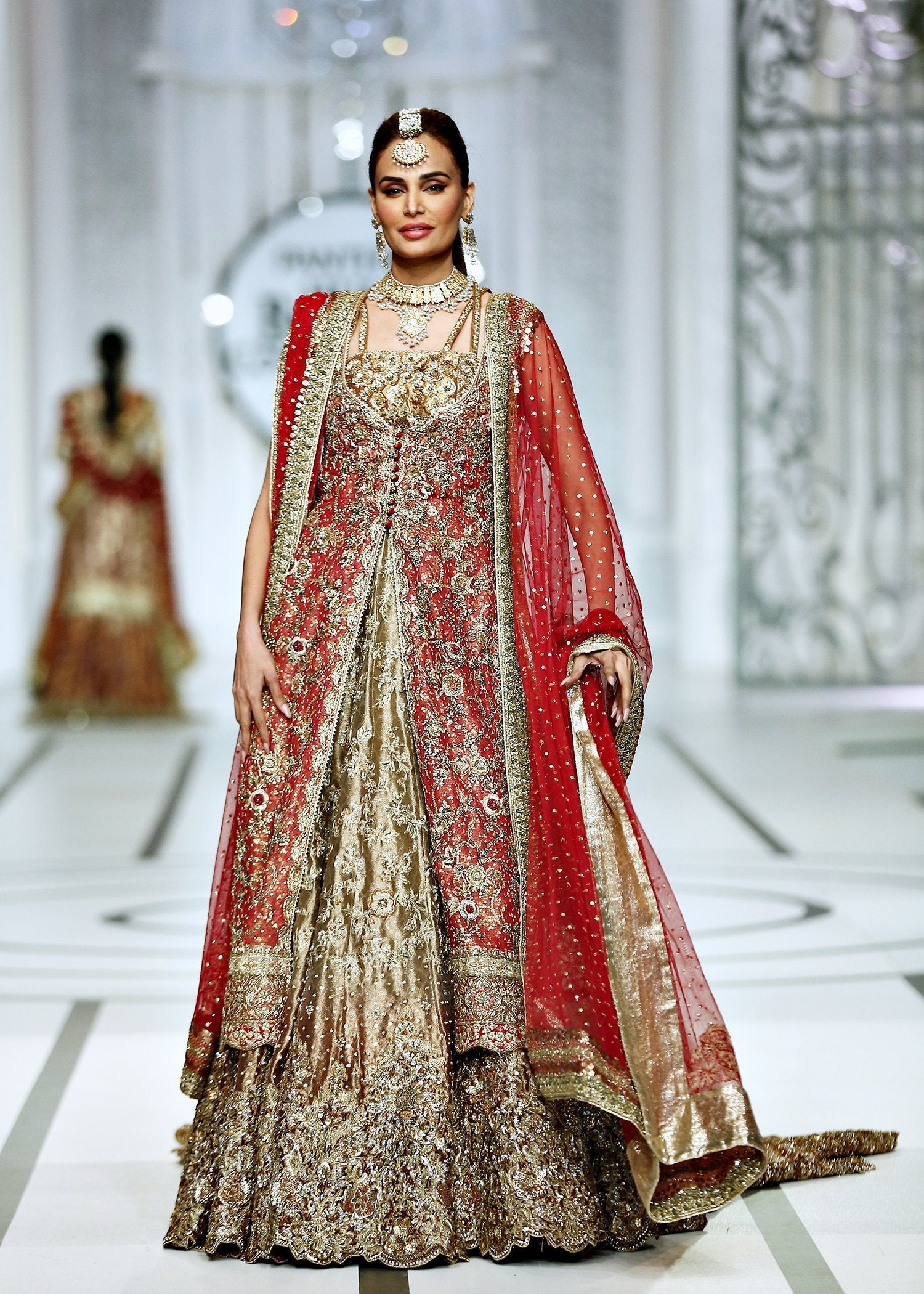 Ombre Gold and Crimson Embroidered Bridal Jacket Set (4-Piece) - Image 6