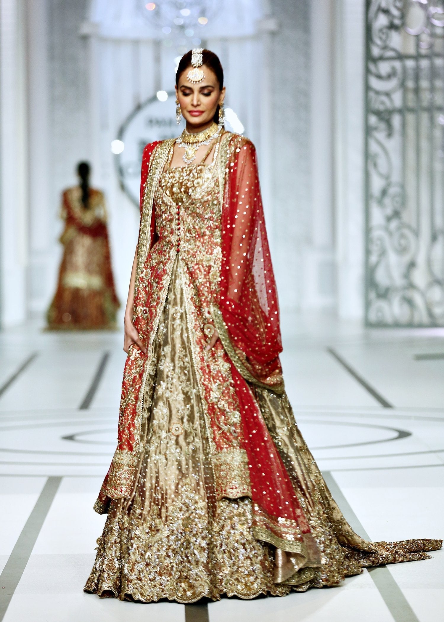 Ombre Gold and Crimson Embroidered Bridal Jacket Set (4-Piece) - Image 9