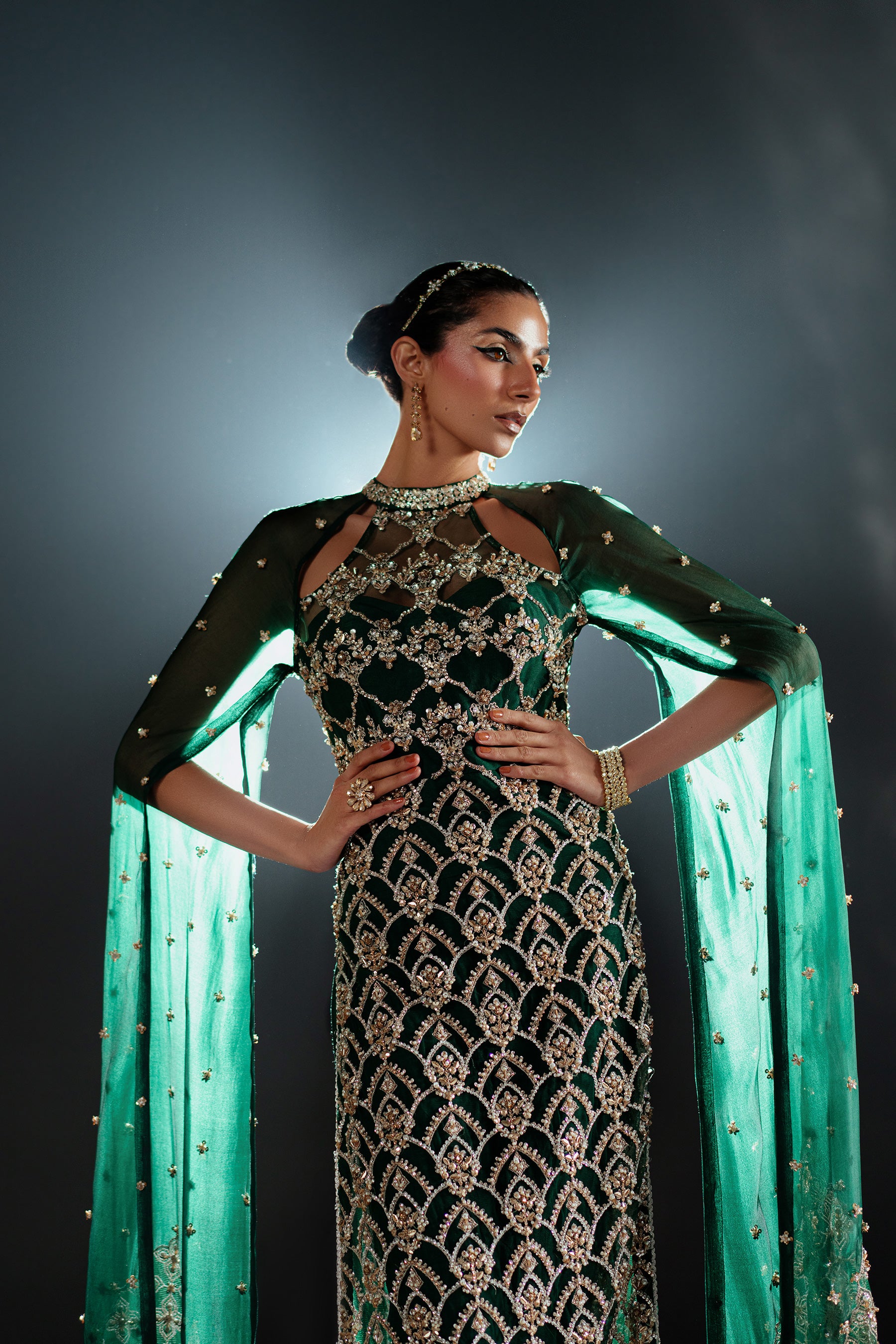 Deep Emerald Hand-Embellished Net & Raw Silk Gown (3-Piece) - Image 3