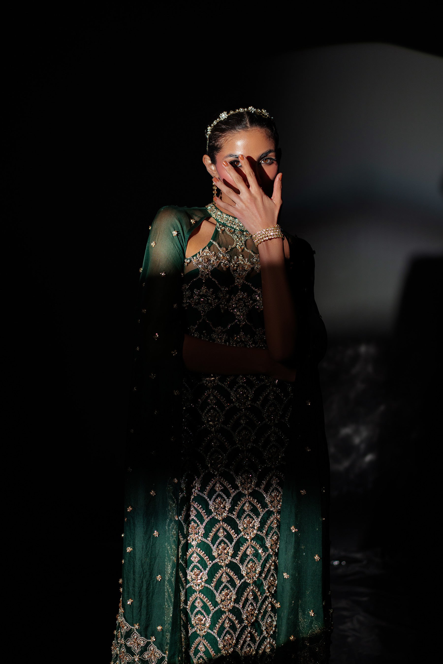 Deep Emerald Hand-Embellished Net & Raw Silk Gown (3-Piece) - Image 6