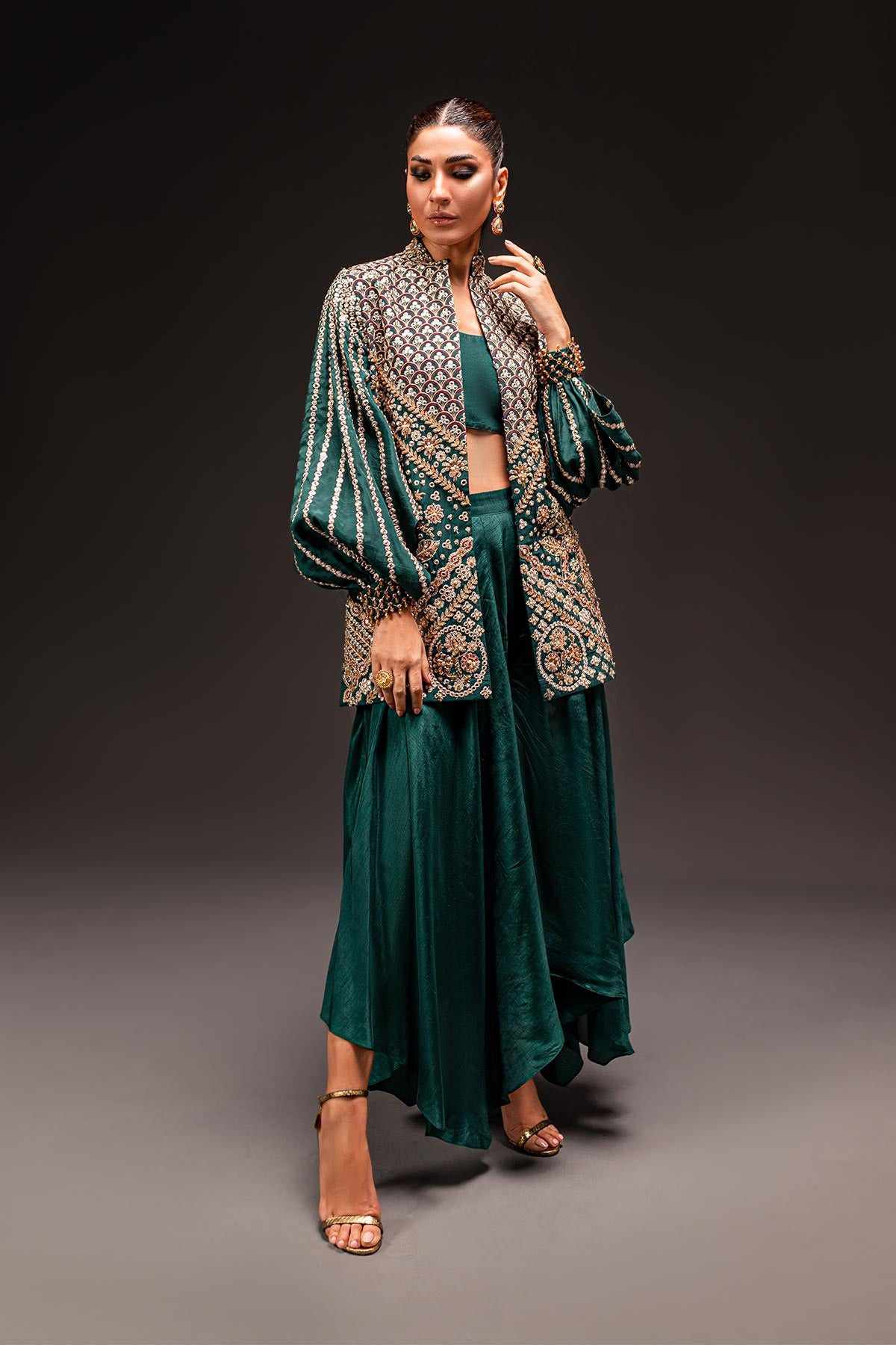 Deep Emerald Embroidered Silk Blend Jacket Set (3-Piece) - Image 1