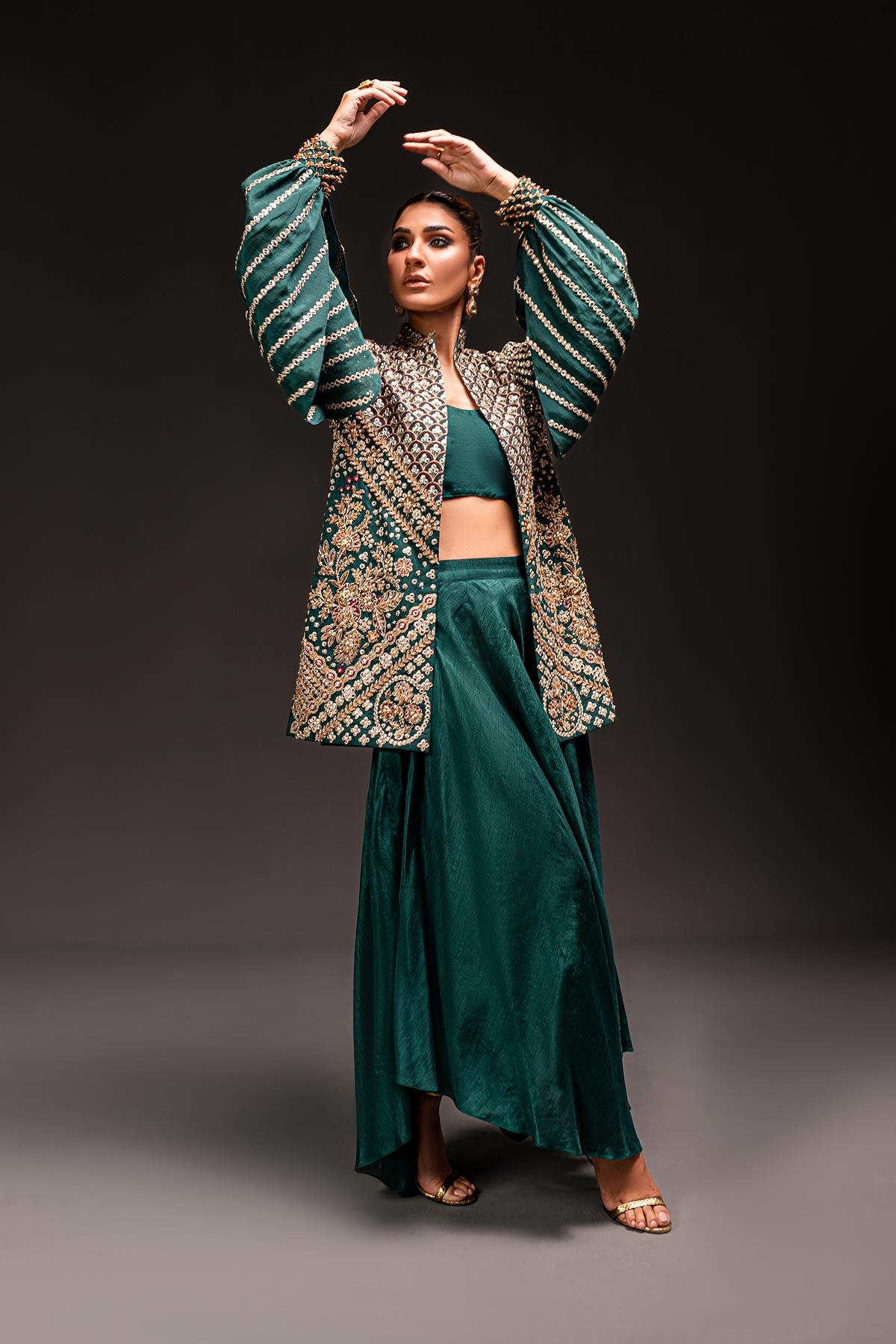 Deep Emerald Embroidered Silk Blend Jacket Set (3-Piece) - Image 2
