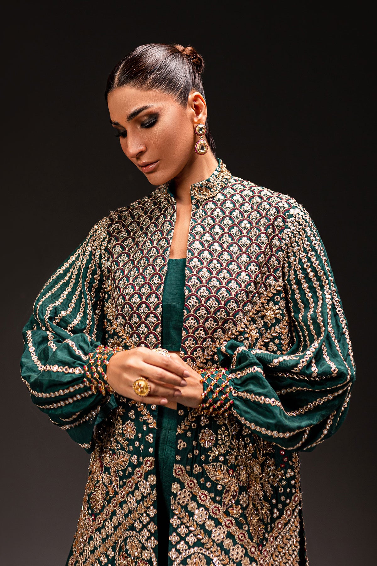 Deep Emerald Embroidered Silk Blend Jacket Set (3-Piece) - Image 3