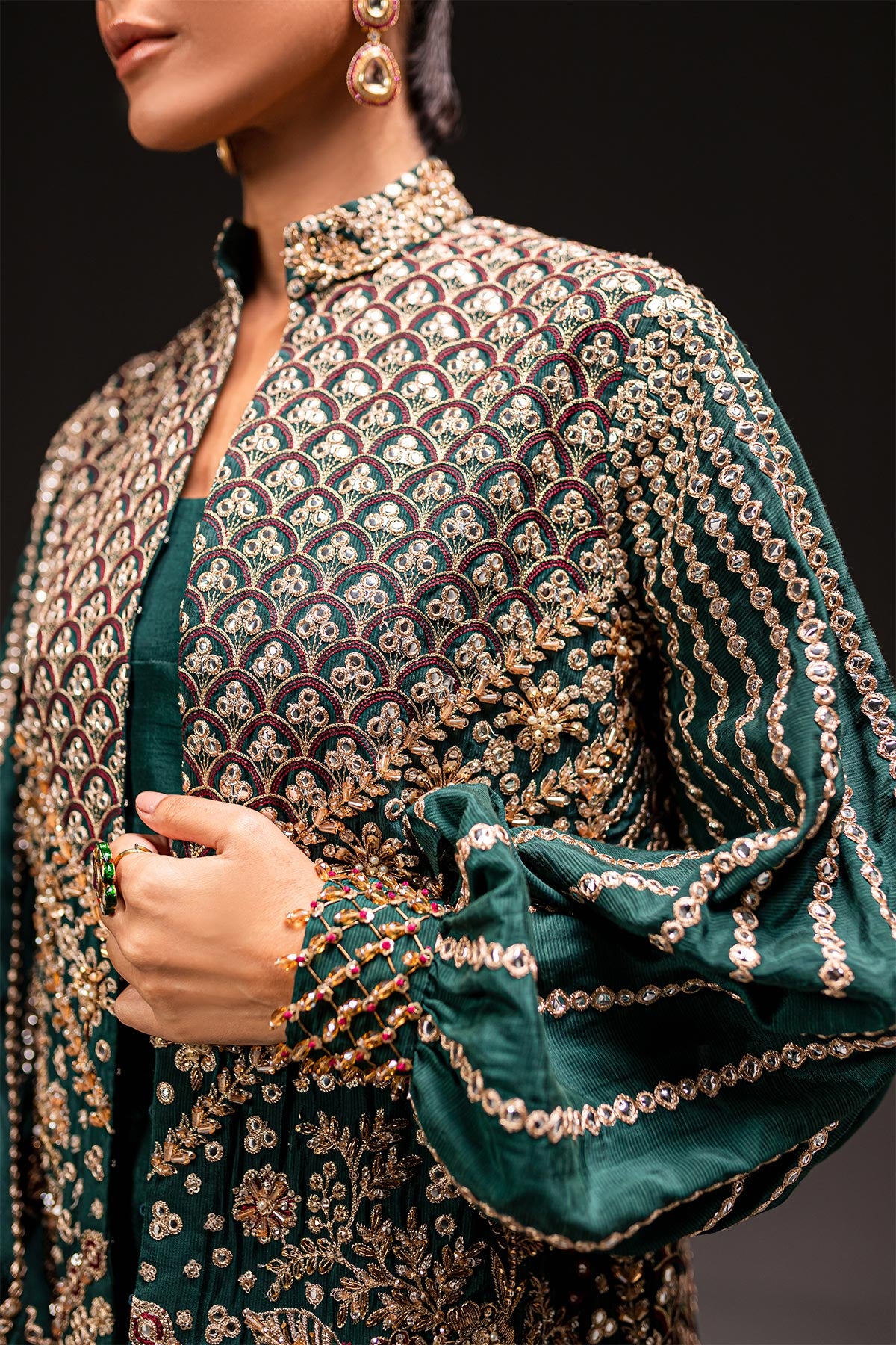 Deep Emerald Embroidered Silk Blend Jacket Set (3-Piece) - Image 4