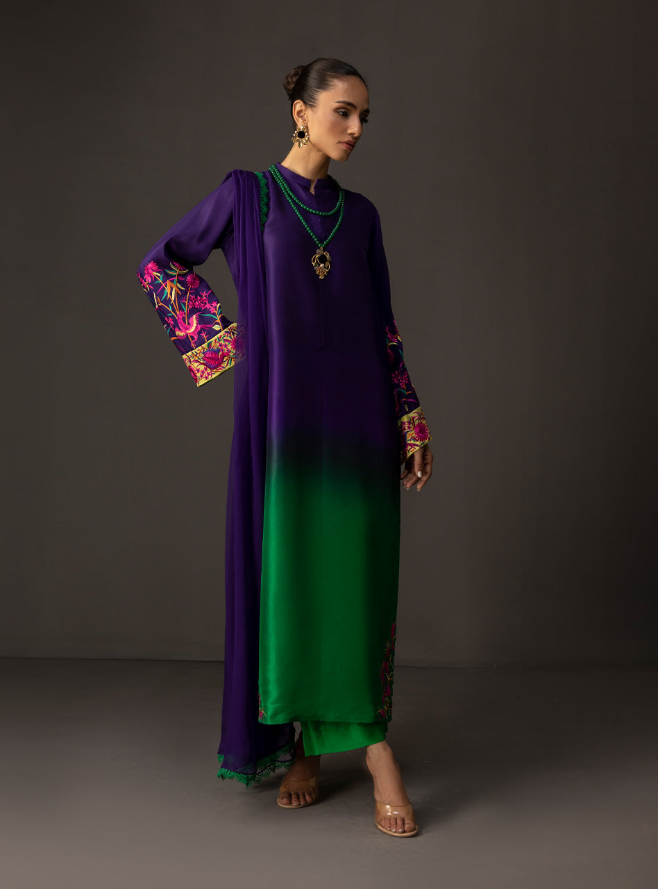 Amethyst and Emerald Embroidered Raw Silk Salwar Kameez (3-Piece) - Image 6