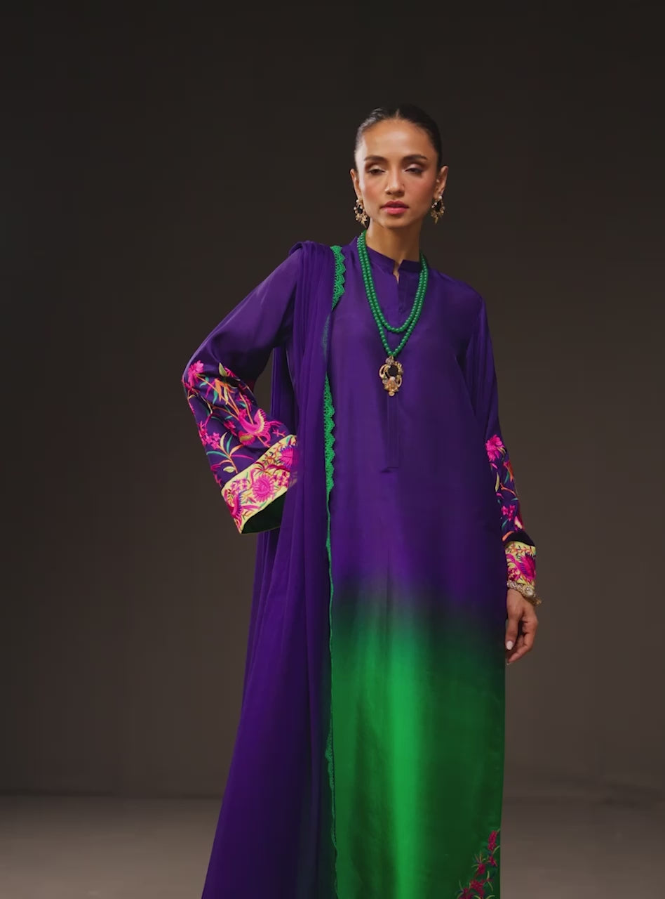 Amethyst and Emerald Embroidered Raw Silk Salwar Kameez (3-Piece) - Image 8