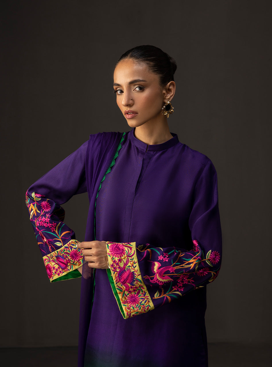 Amethyst and Emerald Embroidered Raw Silk Salwar Kameez (3-Piece) - Image 9