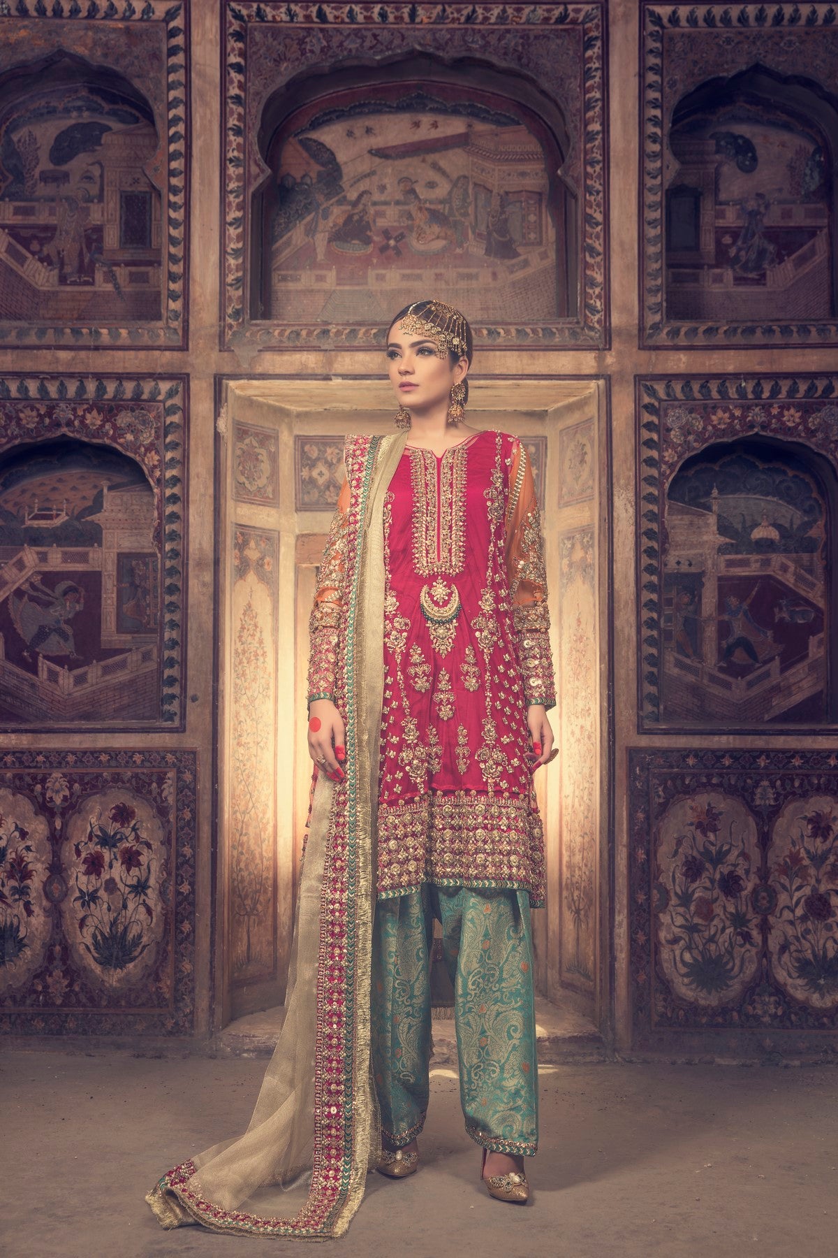 Fuchsia & Sea Green Embellished Net Salwar Kameez (4-Piece) - Image 1