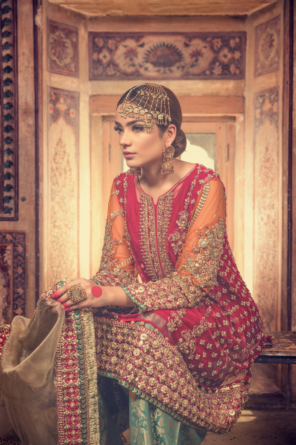 Fuchsia & Sea Green Embellished Net Salwar Kameez (4-Piece) - Image 2