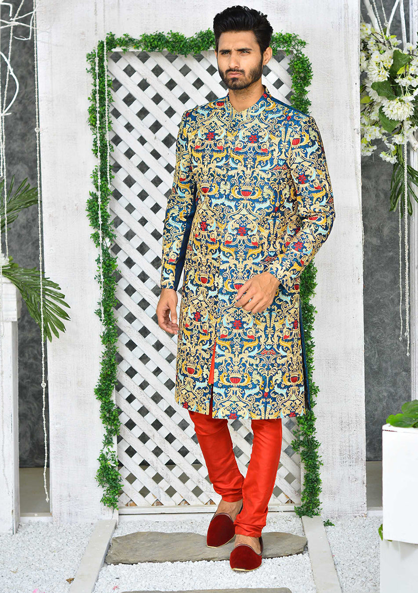 Multi-Coloured Brocade Achkan Sherwani (2-Piece) - Image 1