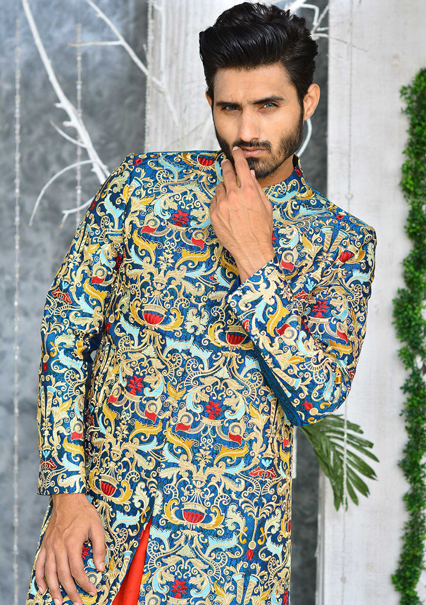 Multi-Coloured Brocade Achkan Sherwani (2-Piece) - Image 2