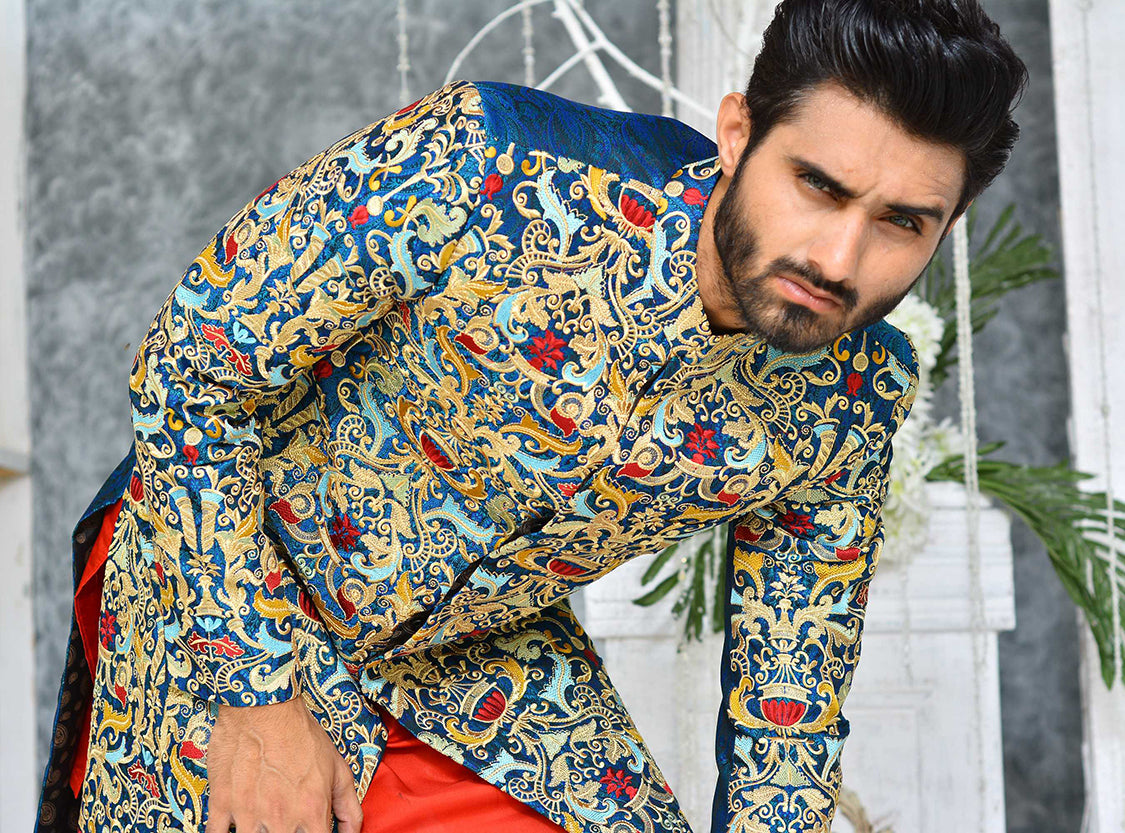 Multi-Coloured Brocade Achkan Sherwani (2-Piece) - Image 3