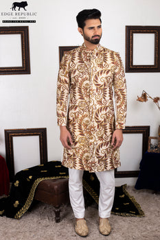 Gold Brown Patterned Silk-Blend Achkan Sherwani (2-Piece) - Image 2