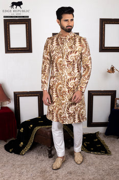 Gold Brown Patterned Silk-Blend Achkan Sherwani (2-Piece) - Image 3