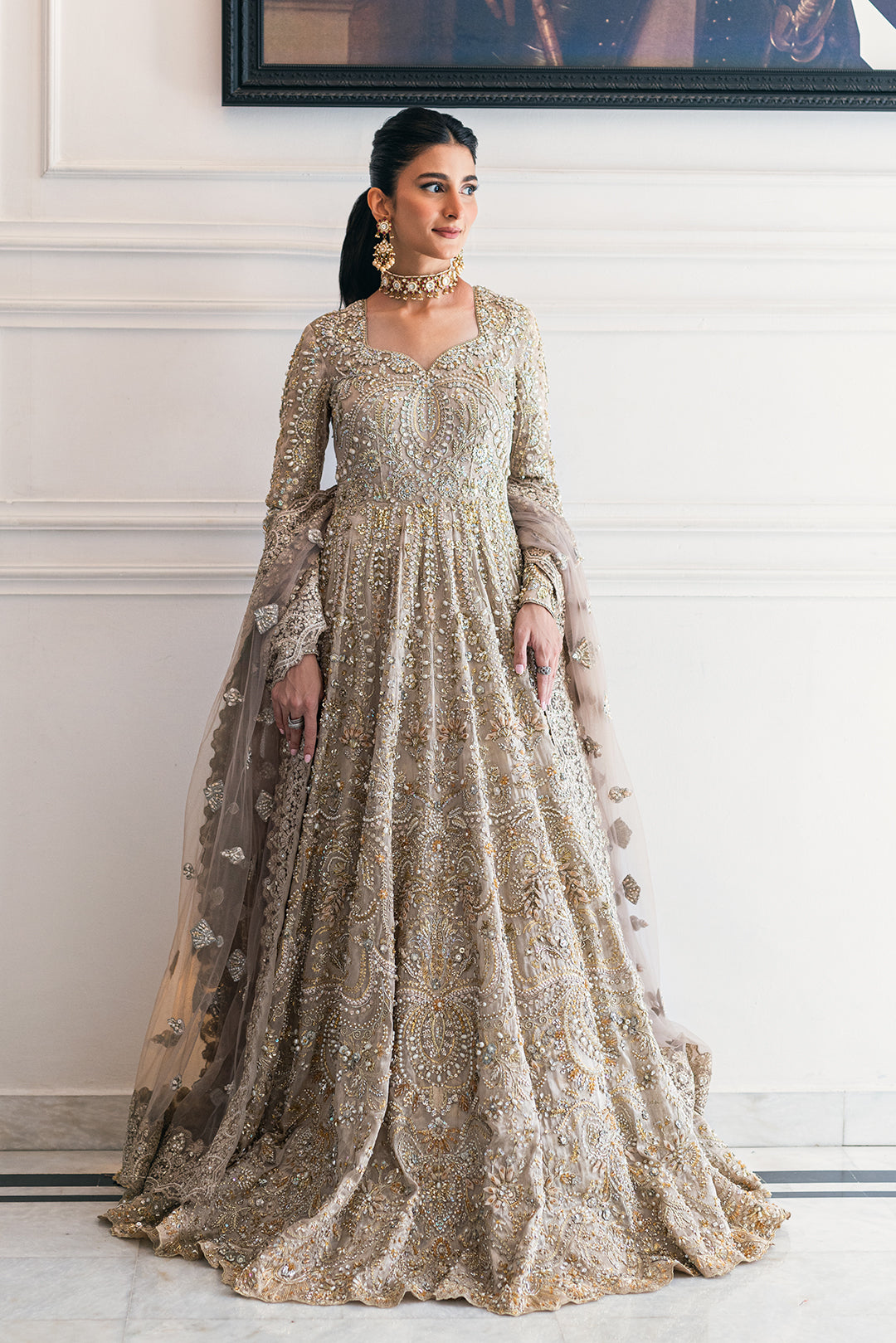 Champagne Gold Embellished Anarkali Gown (2-Piece) - Image 1