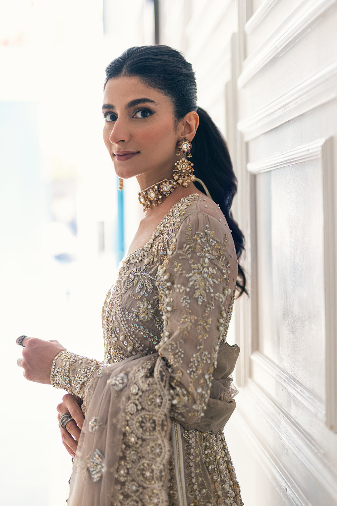 Champagne Gold Embellished Anarkali Gown (2-Piece) - Image 4