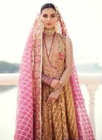 Pakistani Gold Block Print Angrakha with Gota & Kundan (3-Piece) - Image 1