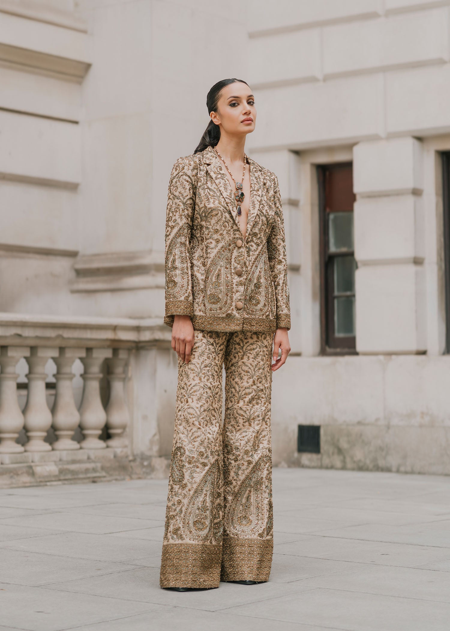 Ochre Hand-Embroidered Raw Silk Blazer Suit (2-Piece) - Image 2