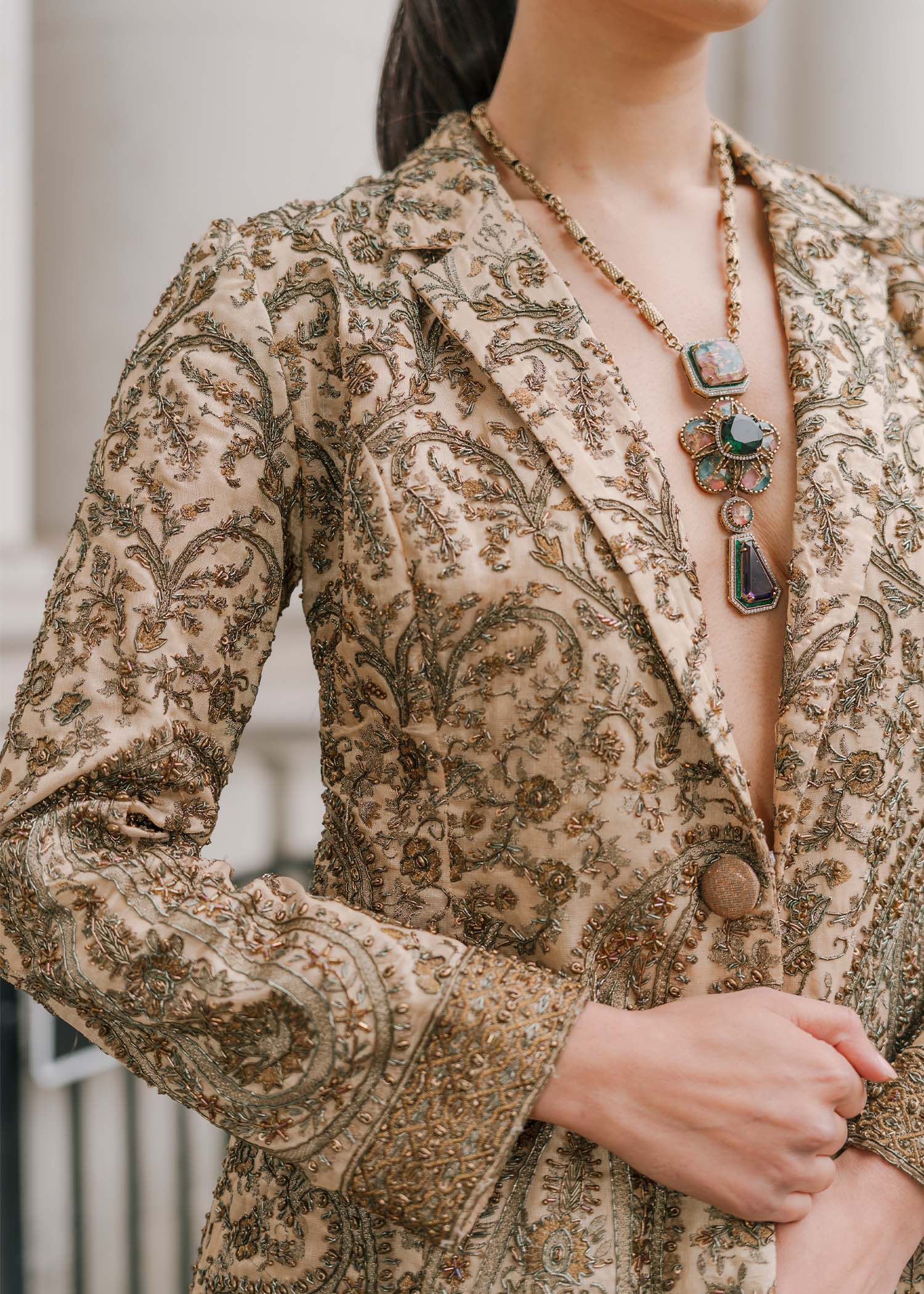 Ochre Hand-Embroidered Raw Silk Blazer Suit (2-Piece) - Image 3