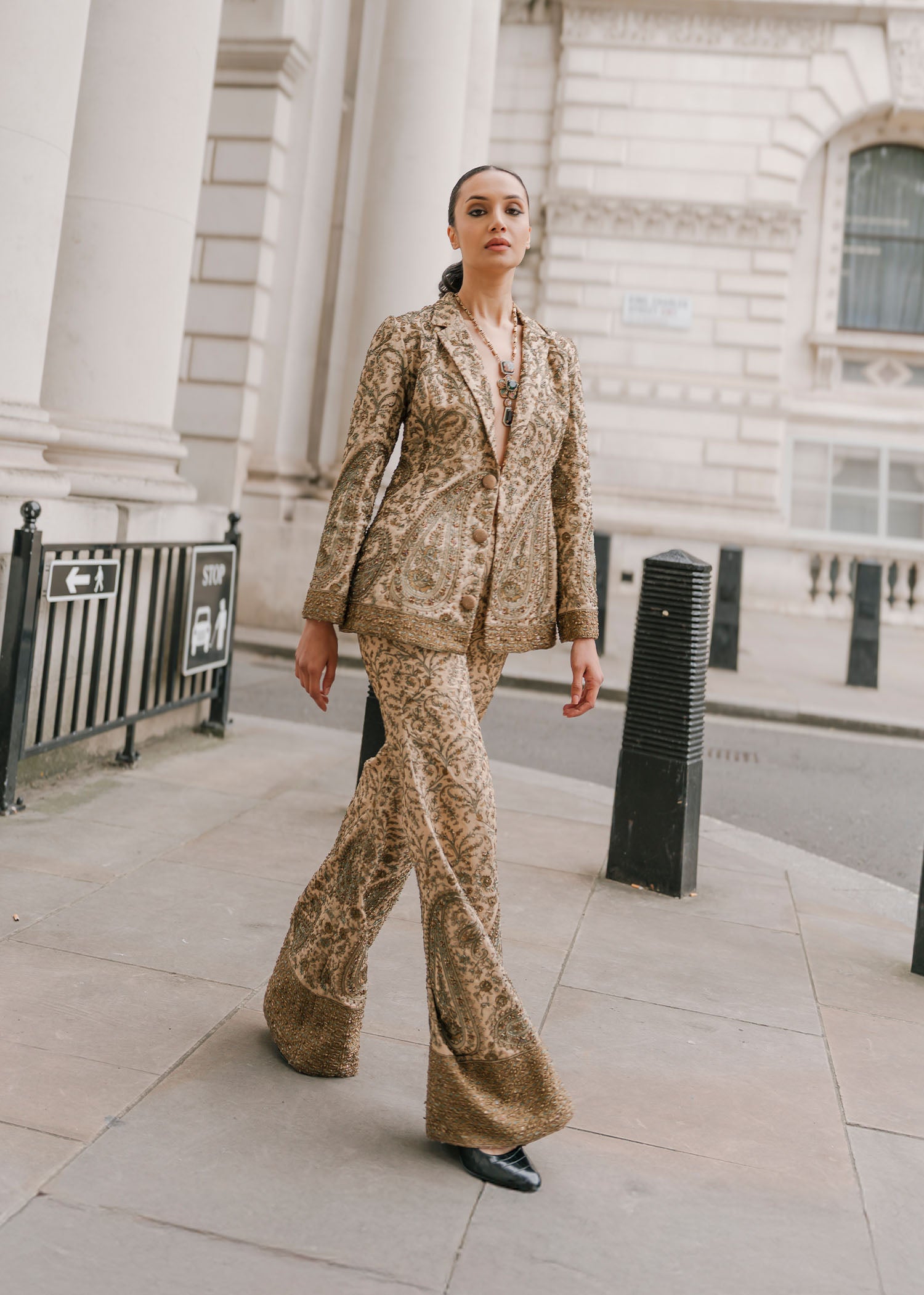 Ochre Hand-Embroidered Raw Silk Blazer Suit (2-Piece) - Image 4