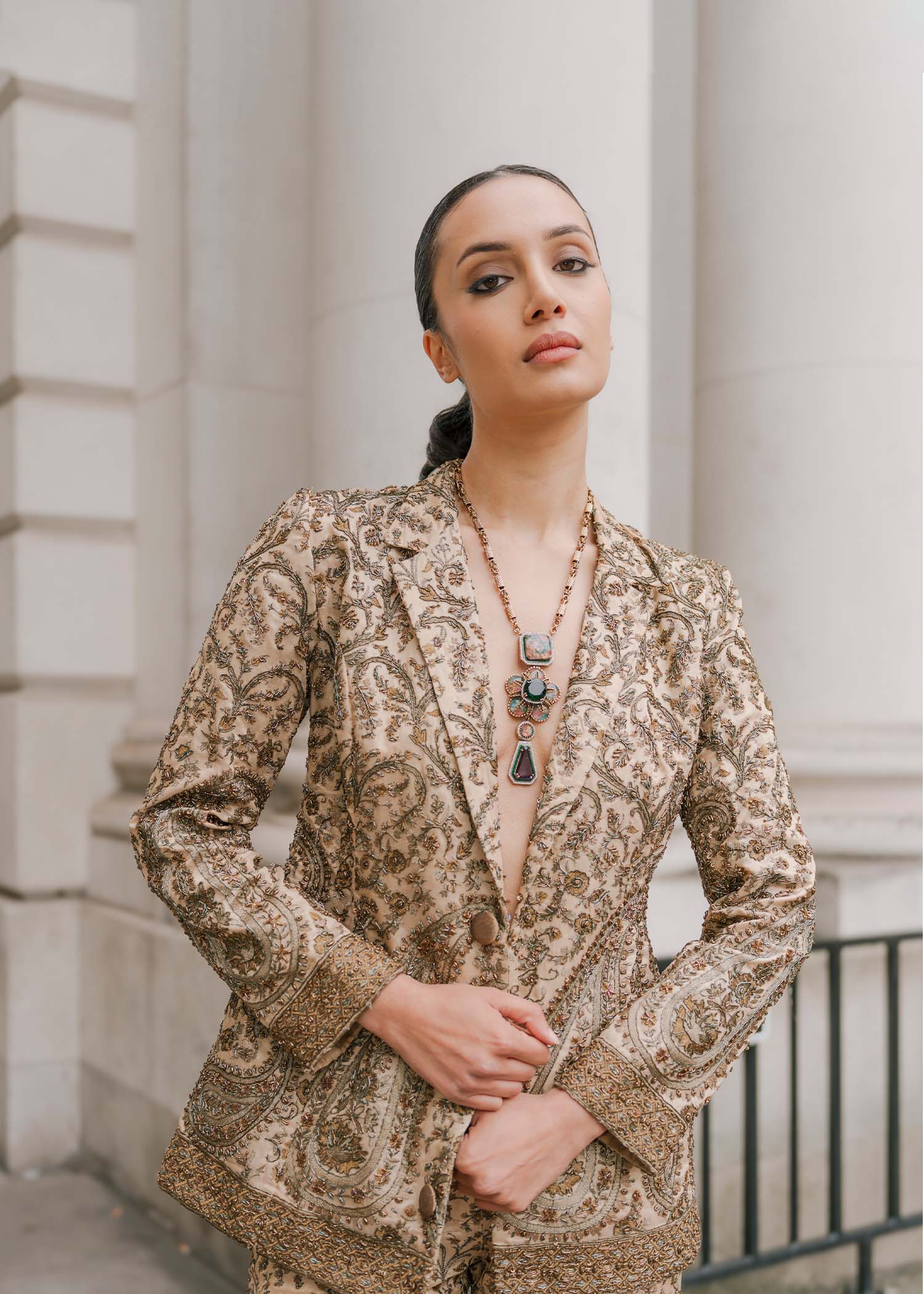 Ochre Hand-Embroidered Raw Silk Blazer Suit (2-Piece) - Image 5
