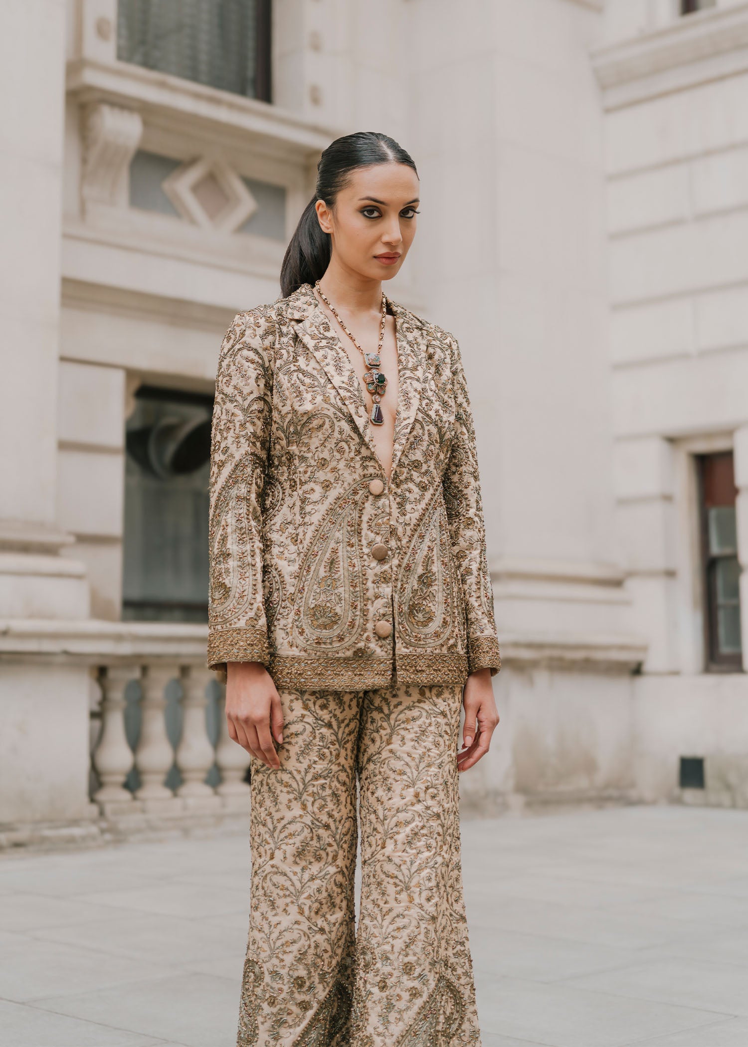 Ochre Hand-Embroidered Raw Silk Blazer Suit (2-Piece) - Image 6