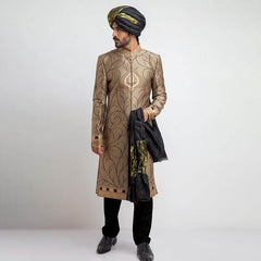 Antique Gold and Black Brocade Sherwani (3-Piece) - Image 2