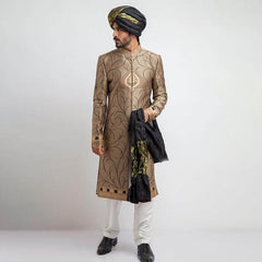 Antique Gold and Black Brocade Sherwani (3-Piece) - Image 4