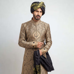 Antique Gold and Black Brocade Sherwani (3-Piece) - Image 7