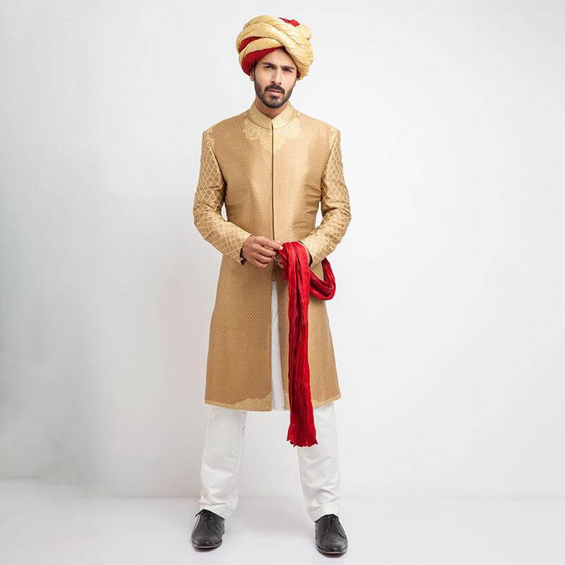 Peach Gold Brocade Form-Fitted Achkan Sherwani (3-Piece) - Image 1
