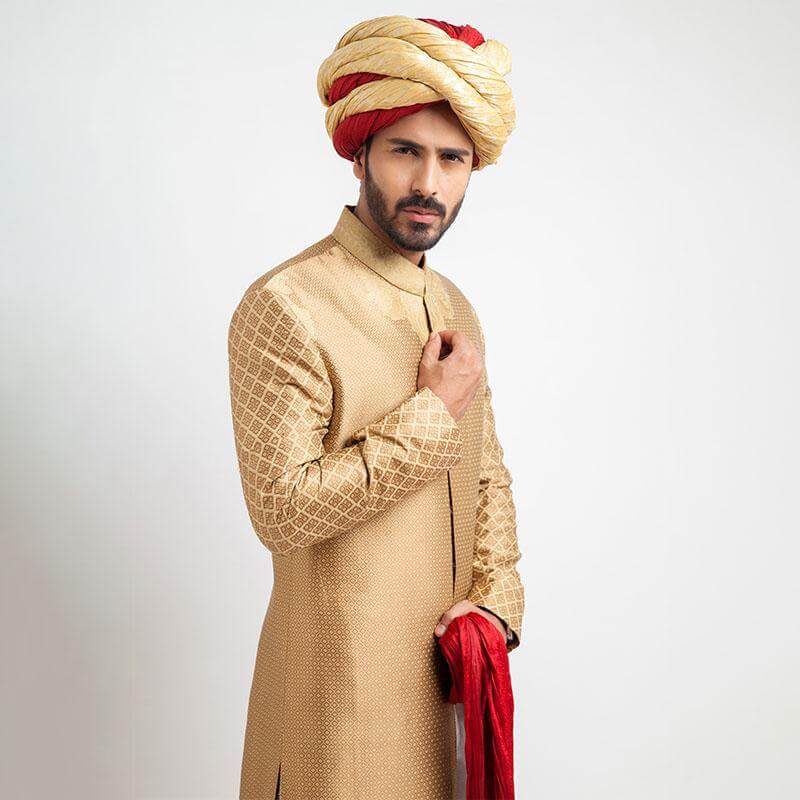 Peach Gold Brocade Form-Fitted Achkan Sherwani (3-Piece) - Image 2
