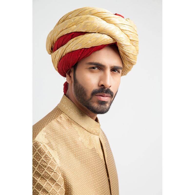 Peach Gold Brocade Form-Fitted Achkan Sherwani (3-Piece) - Image 3
