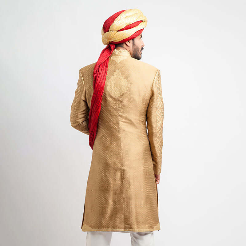 Peach Gold Brocade Form-Fitted Achkan Sherwani (3-Piece) - Image 4