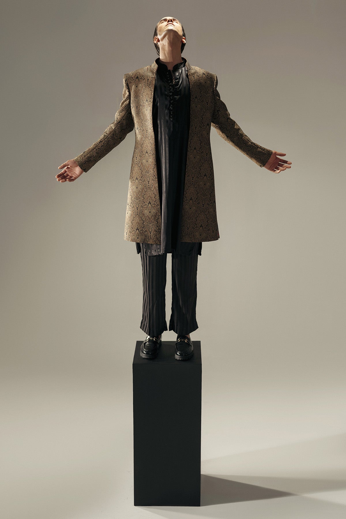 Antique Gold Brocade Sherwani with Paisley Motifs (3-Piece) - Image 1