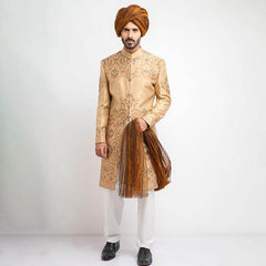 Peach Gold Grey Brocade Achkan Sherwani (4-Piece) - Image 2